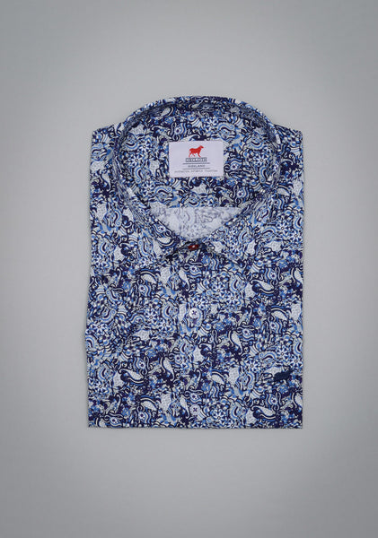 Navy Blue Floral Muscle Fit Short Sleeve Shirt - Night Ambience | Oxcloth